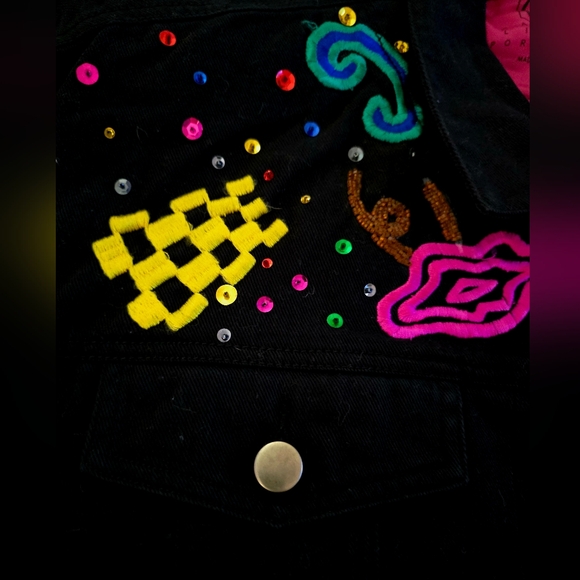 📣 Vintage 90s Carole Little Petites Cropped🌈 Embroidery 🖤 Denim Jacket 8P 😍 - Picture 5 of 6